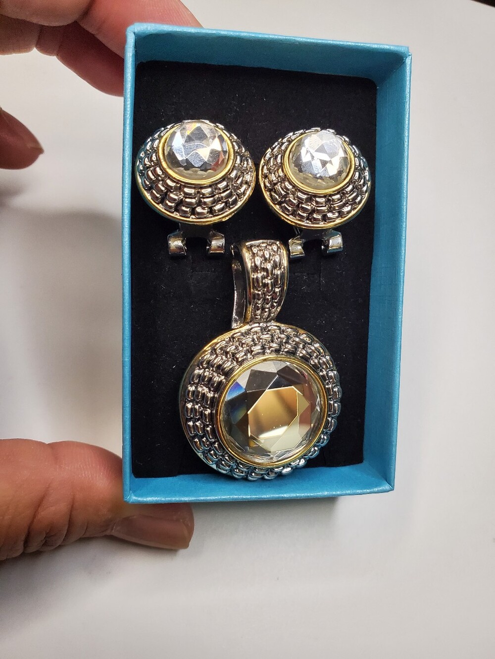 Vtg. Brighton Crystals Earrings And Enhancer Pendant Set